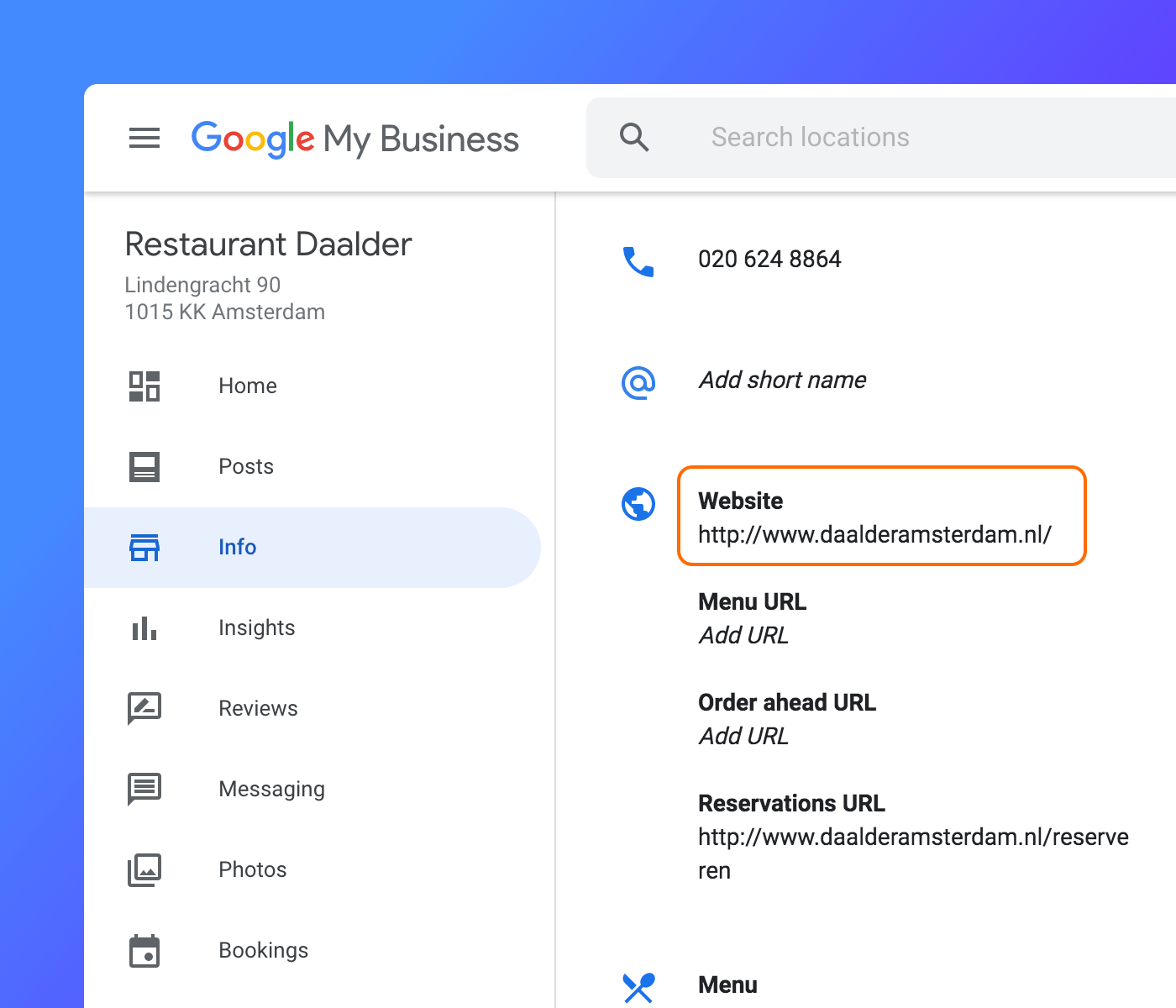 Screenshot of Google my business and how to add a reservation link