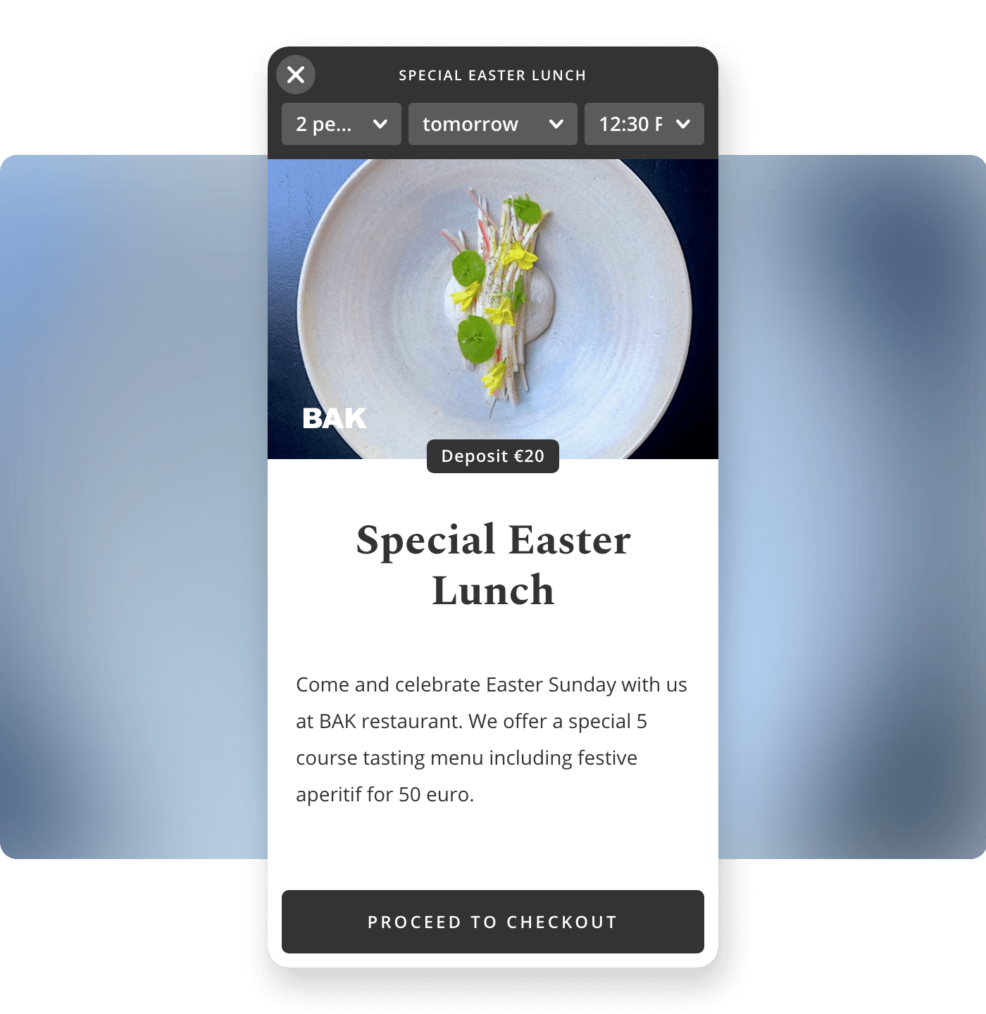 Screenshot restaurant BAK biedt event tickets in Formitable widget