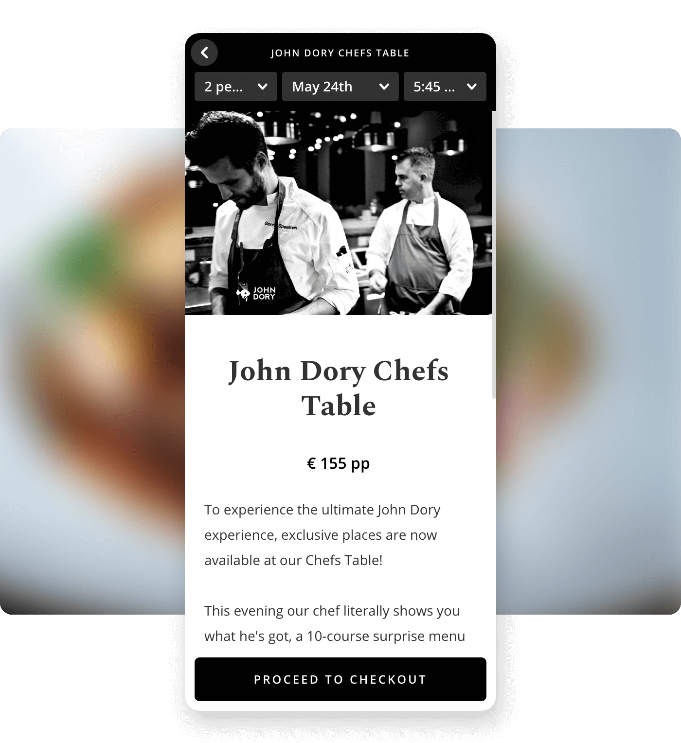 Screenshot John Dory BAK biedt chef's table tickets in Formitable widget