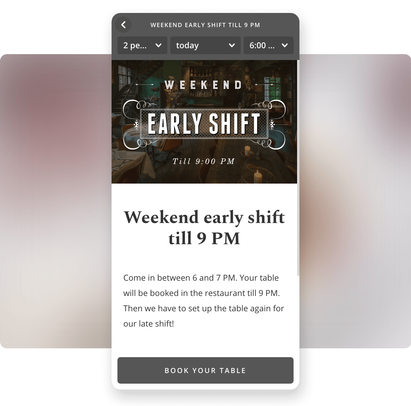 Screenshot restaurant Lion Noir biedt early shift tickets in Formitable widget