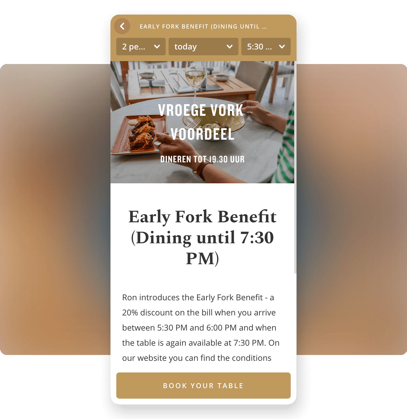 Screenshot restaurant Ron Gastrobar offering early fork deal tickets on Formitable widget