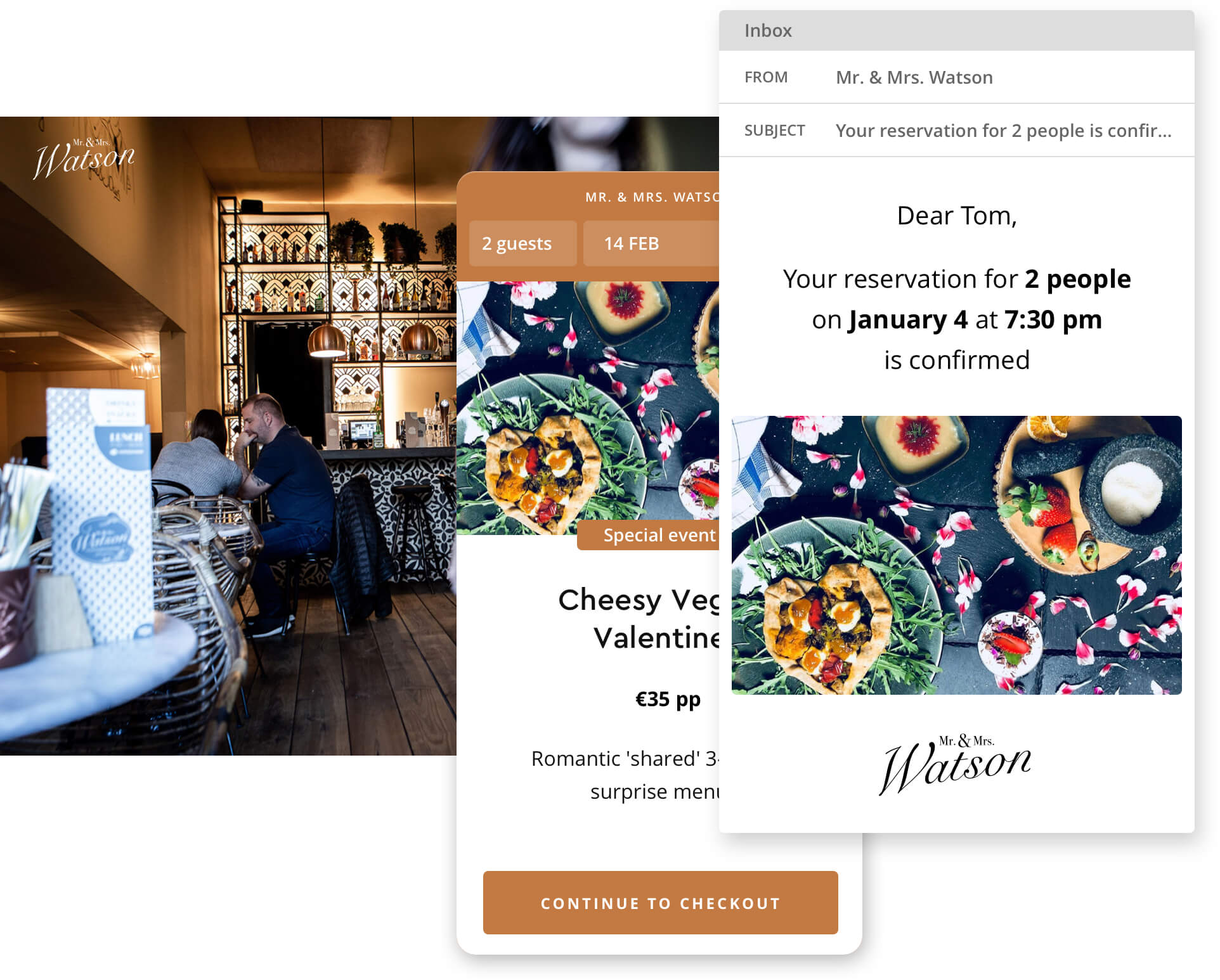 Mr & Mrs Watson website, reservation widget and confirmation emails A preview of the guest experience flow or restaurant Mr & Mrs watson in Amsterdam